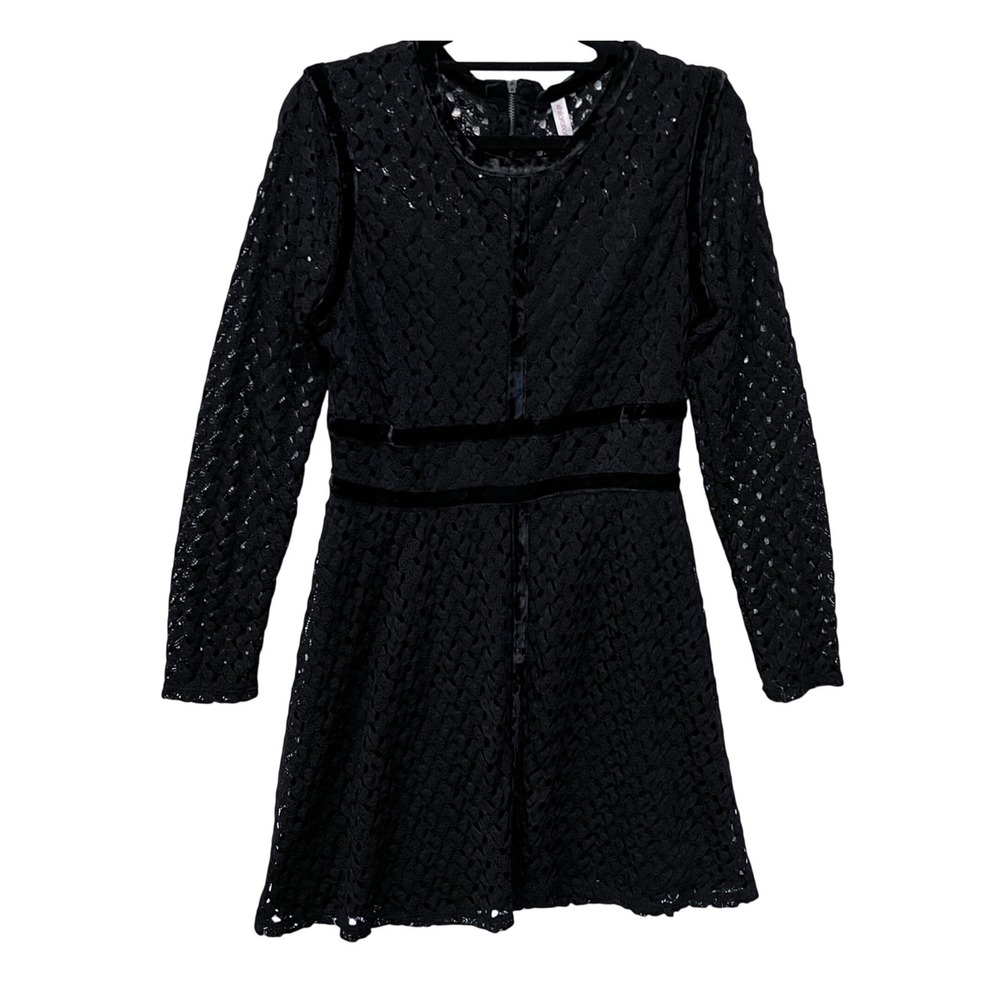 Black Lace Long Sleeve Mini Dress Velvet Trim‎ Fit Flare Goth Witchy Med